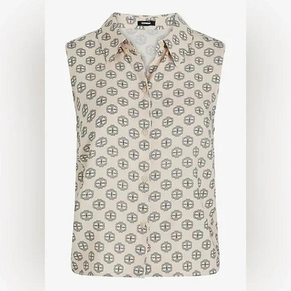 NWT. Express Printed Sleeveless Portofino Shirt. Cream White & Black. Size XS. - Picture 5 of 6